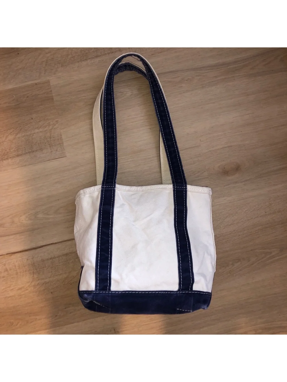 VINTAGE LL BEAN BOAT & TOTE WHITE CREAM NAVY BLUE CANVAS BAG SMALL LONG HANDLES